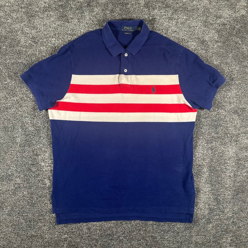 Ralph Lauren Polo Shirt Mens Large Custom Fit Blue Red White Striped Pony